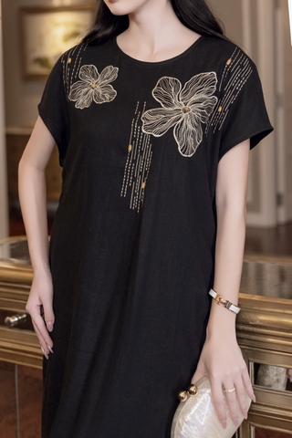 SWANLAKE | Váy Đầm Nữ Maxi Suông Linen Thêu Hoa Tay Hến Có Túi Xẻ Tà Khóa Kéo Tiệc Công Sở D12985LW01