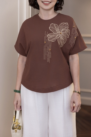 M COLLECTION | Áo Kiểu Nữ Trung Niên Tặng Mẹ, Bà Linen Thêu Hoa Cổ Tròn Tay Ngắn Cánh Dơi A12942