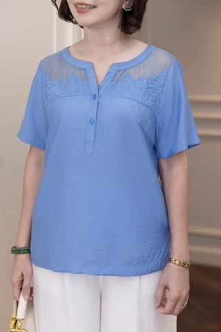 M COLLECTION | Áo Kiểu Nữ Trung Niên Tặng Mẹ Lụa Hàn Phối Ren Lưới Thêu Hoa Cài Nút Tay Ngắn A10955