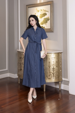 SWANLAKE | Váy Đầm Nữ Sơ Mi Suông Trơn Cài Nút Denim Jean Wash Tay Ngắn Dây Thắt Eo Công Sở D12990LW01