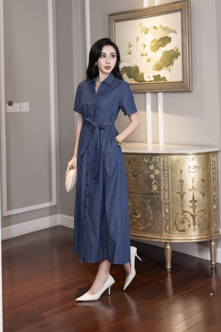 SWANLAKE | Váy Đầm Nữ Sơ Mi Suông Trơn Cài Nút Denim Jean Wash Tay Ngắn Dây Thắt Eo Công Sở D12990LW01