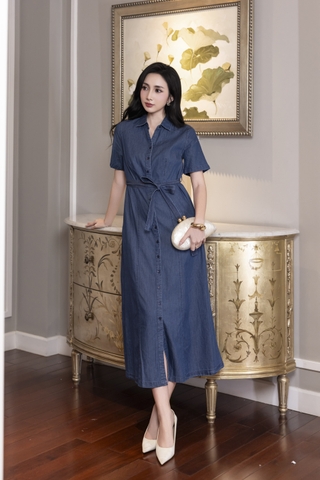 SWANLAKE | Váy Đầm Nữ Sơ Mi Suông Trơn Cài Nút Denim Jean Wash Tay Ngắn Dây Thắt Eo Công Sở D12990LW01