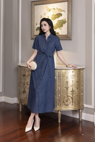 SWANLAKE | Váy Đầm Nữ Sơ Mi Suông Trơn Cài Nút Denim Jean Wash Tay Ngắn Dây Thắt Eo Công Sở D12990LW01