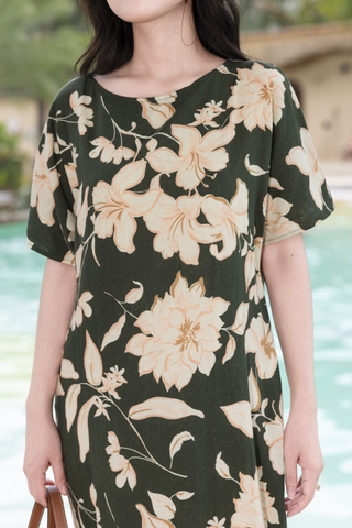 SWANLAKE | Váy Đầm Nữ Maxi Suông Vải Linen In Hoa Hè Cổ Thuyền Tay Ngắn Xẻ Tà Có Túi Du Lịch D12689