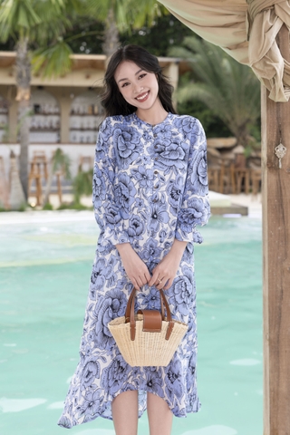 SWANLAKE | Váy Đầm Nữ Midi Suông Lai Bèo Đuôi Cá Tơ Cổ Trụ Cài Nút Du Lịch Biển Hè Tay Dài D12037LW02