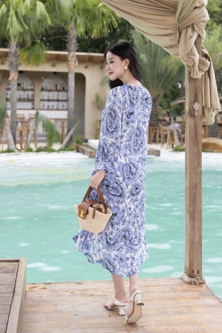 SWANLAKE | Váy Đầm Nữ Midi Suông Lai Bèo Đuôi Cá Tơ Cổ Trụ Cài Nút Du Lịch Biển Hè Tay Dài D12037LW02