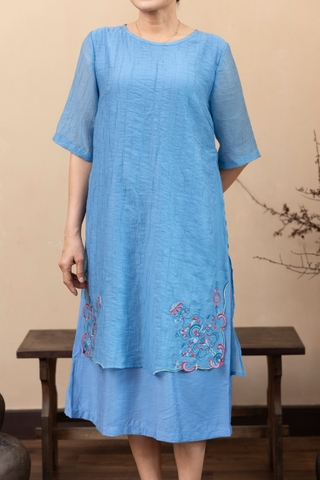 M Collection | Váy Đầm Trung Niên Tặng Mẹ Phom A Hai Lớp Cổ Tròn Tay Lỡ Chất Liệu Xốp Hàn Thêu Hoạ Tiết - D12311LW01