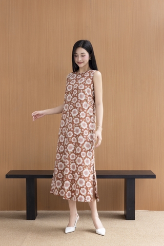 Váy Đầm Nữ Maxi Suông Sát Nách Xẻ Tà Linen Bông In Hoa Hè Cổ Tròn Có Túi Du Lịch D12380