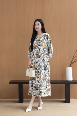 SWANLAKE | Váy Đầm Nữ Maxi Suông Cổ Trụ Nhún Vai Linen In Hoa Hè Tay Bí Dài Có Túi Du Lịch D12635LW01