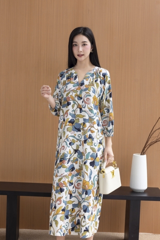 SWANLAKE | Váy Đầm Nữ Maxi Suông Cổ Trụ Nhún Vai Linen In Hoa Hè Tay Bí Dài Có Túi Du Lịch D12635LW01