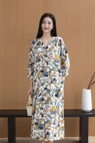SWANLAKE | Váy Đầm Nữ Maxi Suông Cổ Trụ Nhún Vai Linen In Hoa Hè Tay Bí Dài Có Túi Du Lịch D12635LW01