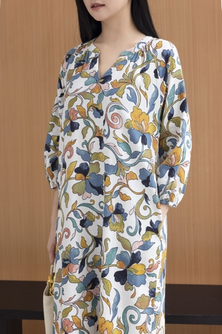 SWANLAKE | Váy Đầm Nữ Maxi Suông Cổ Trụ Nhún Vai Linen In Hoa Hè Tay Bí Dài Có Túi Du Lịch D12635LW01