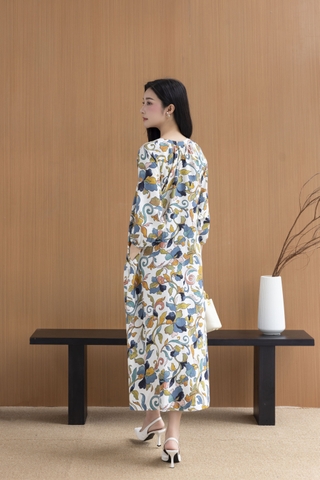 SWANLAKE | Váy Đầm Nữ Maxi Suông Cổ Trụ Nhún Vai Linen In Hoa Hè Tay Bí Dài Có Túi Du Lịch D12635LW01