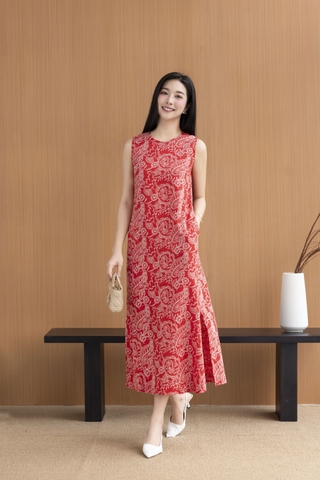 Váy Đầm Nữ Maxi Suông Sát Nách Xẻ Tà Linen Bông In Hoa Hè Cổ Tròn Có Túi Du Lịch D12380