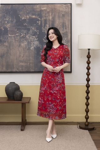 SWANLAKE | Váy Đầm Nữ Maxi Suông Vải Tơ In Hoa Cổ Tròn Tay Bí Phồng Chiết Eo Đi Tiệc Công Sở D13245LW01