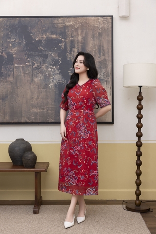 SWANLAKE | Váy Đầm Nữ Maxi Suông Vải Tơ In Hoa Cổ Tròn Tay Bí Phồng Chiết Eo Đi Tiệc Công Sở D13245LW01