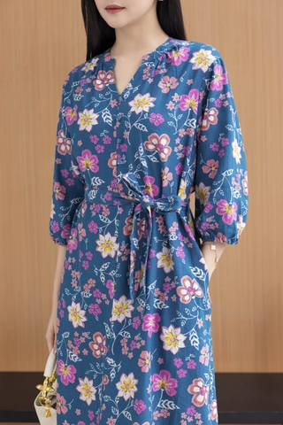 SWANLAKE | Váy Đầm Nữ Suông Dây Thắt Eo Cổ Trụ Đính Nút Vải Linen In Hoa Hè Tay Bí Lỡ Có Túi D12671LW02