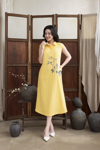 SWANLAKE | Váy Đầm Nữ Maxi Suông Sát Nách Cổ Sơ Mi Vải Linen Thêu Hoa Cao Cấp Đi Tiệc D13272LW01