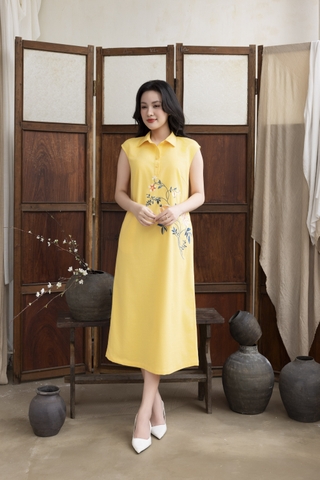 SWANLAKE | Váy Đầm Nữ Maxi Suông Sát Nách Cổ Sơ Mi Vải Linen Thêu Hoa Cao Cấp Đi Tiệc D13272LW01