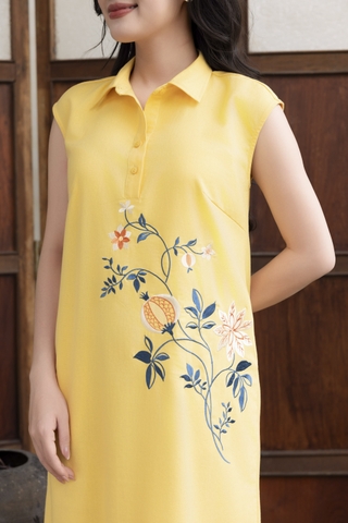 SWANLAKE | Váy Đầm Nữ Maxi Suông Sát Nách Cổ Sơ Mi Vải Linen Thêu Hoa Cao Cấp Đi Tiệc D13272LW01