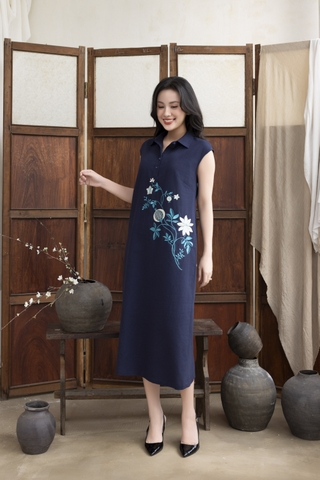 SWANLAKE | Váy Đầm Nữ Maxi Suông Sát Nách Cổ Sơ Mi Vải Linen Thêu Hoa Cao Cấp Đi Tiệc D13272LW01