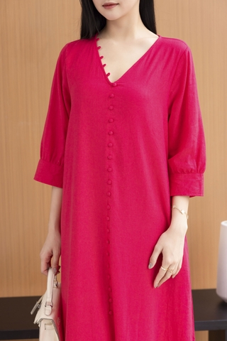 Váy Đầm Nữ Midi Suông Trơn Xẻ Tà Linen Cổ Tim Tay Nẹp Lỡ Có Túi Đính Nút Công Sở D11248LW03
