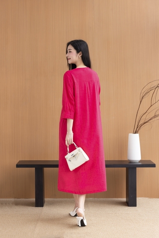 Váy Đầm Nữ Midi Suông Trơn Xẻ Tà Linen Cổ Tim Tay Nẹp Lỡ Có Túi Đính Nút Công Sở D11248LW03