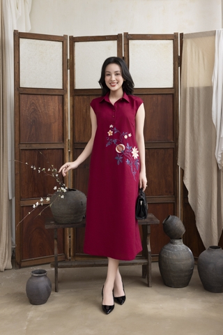 SWANLAKE | Váy Đầm Nữ Maxi Suông Sát Nách Cổ Sơ Mi Vải Linen Thêu Hoa Cao Cấp Đi Tiệc D13272LW01