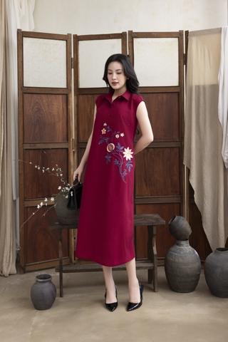 SWANLAKE | Váy Đầm Nữ Maxi Suông Sát Nách Cổ Sơ Mi Vải Linen Thêu Hoa Cao Cấp Đi Tiệc D13272LW01