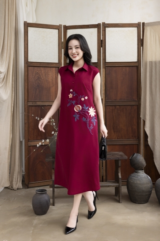 SWANLAKE | Váy Đầm Nữ Maxi Suông Sát Nách Cổ Sơ Mi Vải Linen Thêu Hoa Cao Cấp Đi Tiệc D13272LW01