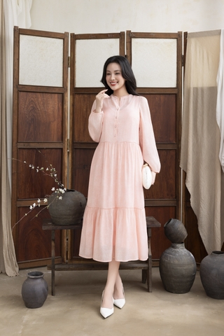 SWANLAKE | Váy Đầm Maxi Nữ Hai Lớp Rời Cổ Trụ Tay Dài Cài Nút Chất Tơ In Lót Lụa Hàn Đi Tiệc D12073LW10