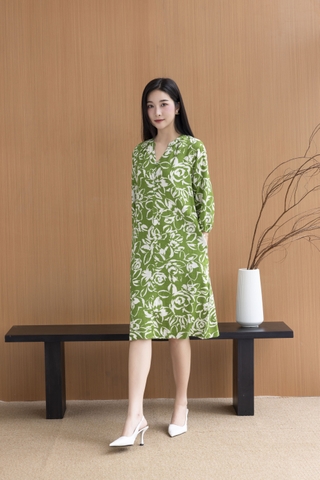 SWANLAKE | Váy Đầm Nữ Suông Dây Thắt Eo Cổ Trụ Đính Nút Vải Linen In Hoa Hè Tay Bí Lỡ Có Túi D12671LW02