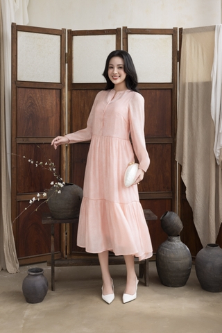 SWANLAKE | Váy Đầm Maxi Nữ Hai Lớp Rời Cổ Trụ Tay Dài Cài Nút Chất Tơ In Lót Lụa Hàn Đi Tiệc D12073LW10