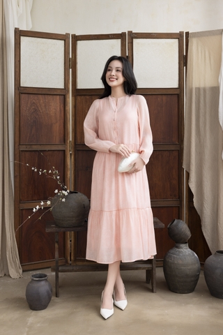 SWANLAKE | Váy Đầm Maxi Nữ Hai Lớp Rời Cổ Trụ Tay Dài Cài Nút Chất Tơ In Lót Lụa Hàn Đi Tiệc D12073LW10