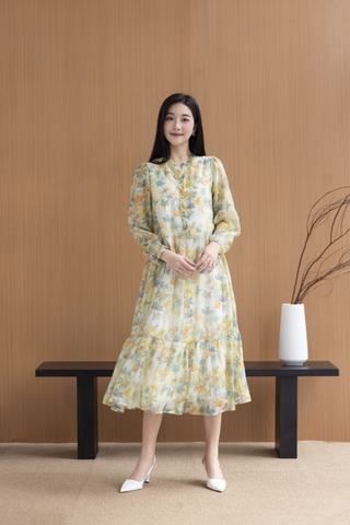 SWANLAKE | Váy Đầm Nữ Maxi Suông Xòe 2 Lớp Cổ Trụ Cài Nút Tay Dài Vải Tơ In Bông Hè Đi Biển D12073LW05