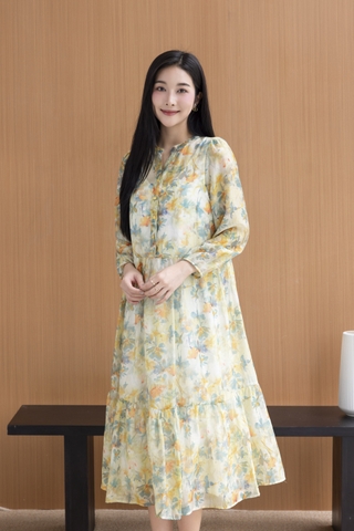 SWANLAKE | Váy Đầm Nữ Maxi Suông Xòe 2 Lớp Cổ Trụ Cài Nút Tay Dài Vải Tơ In Bông Hè Đi Biển D12073LW05