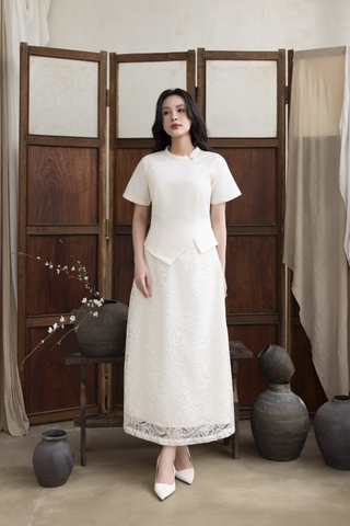 SWANLAKE | Set Bộ Nữ Chất Taffeta Áo Tay Ngắn Vạt Chéo Cổ Trụ Cài Nút Chân Váy Dài Phối Ren B13297LW01