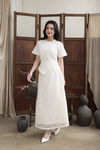 SWANLAKE | Set Bộ Nữ Chất Taffeta Áo Tay Ngắn Vạt Chéo Cổ Trụ Cài Nút Chân Váy Dài Phối Ren B13297LW01