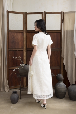 SWANLAKE | Set Bộ Nữ Chất Taffeta Áo Tay Ngắn Vạt Chéo Cổ Trụ Cài Nút Chân Váy Dài Phối Ren B13297LW01