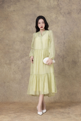 SWANLAKE | Váy Đầm Maxi Nữ Hai Lớp Rời Cổ Trụ Tay Dài Cài Nút Chất Tơ In Lót Lụa Hàn Đi Tiệc D12073LW10