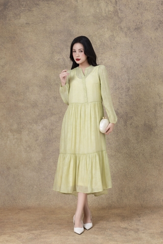 SWANLAKE | Váy Đầm Maxi Nữ Hai Lớp Rời Cổ Trụ Tay Dài Cài Nút Chất Tơ In Lót Lụa Hàn Đi Tiệc D12073LW10