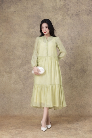 SWANLAKE | Váy Đầm Maxi Nữ Hai Lớp Rời Cổ Trụ Tay Dài Cài Nút Chất Tơ In Lót Lụa Hàn Đi Tiệc D12073LW10