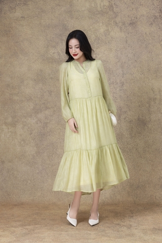 SWANLAKE | Váy Đầm Maxi Nữ Hai Lớp Rời Cổ Trụ Tay Dài Cài Nút Chất Tơ In Lót Lụa Hàn Đi Tiệc D12073LW10