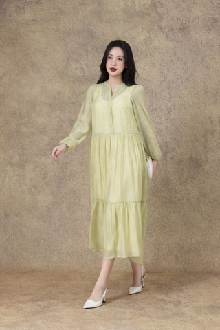 SWANLAKE | Váy Đầm Maxi Nữ Hai Lớp Rời Cổ Trụ Tay Dài Cài Nút Chất Tơ In Lót Lụa Hàn Đi Tiệc D12073LW10