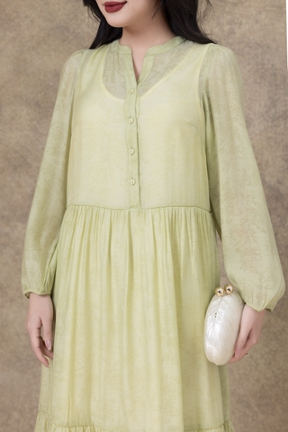 SWANLAKE | Váy Đầm Maxi Nữ Hai Lớp Rời Cổ Trụ Tay Dài Cài Nút Chất Tơ In Lót Lụa Hàn Đi Tiệc D12073LW10