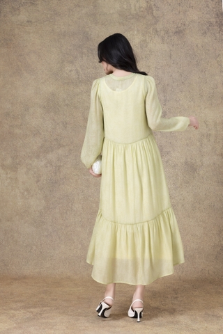 SWANLAKE | Váy Đầm Maxi Nữ Hai Lớp Rời Cổ Trụ Tay Dài Cài Nút Chất Tơ In Lót Lụa Hàn Đi Tiệc D12073LW10