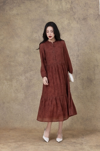 SWANLAKE | Váy Đầm Maxi Nữ Hai Lớp Rời Cổ Trụ Tay Dài Cài Nút Chất Tơ In Lót Lụa Hàn Đi Tiệc D12073LW10