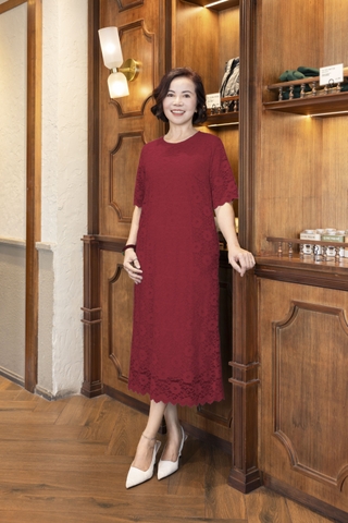 M COLLECTION | Váy Đầm Nữ Maxi Suông Trung Niên Tặng Mẹ Vải Lụa Dày Thêu Hoa Tay Lỡ Cổ Tròn D12841LW01