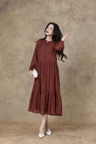 SWANLAKE | Váy Đầm Maxi Nữ Hai Lớp Rời Cổ Trụ Tay Dài Cài Nút Chất Tơ In Lót Lụa Hàn Đi Tiệc D12073LW10