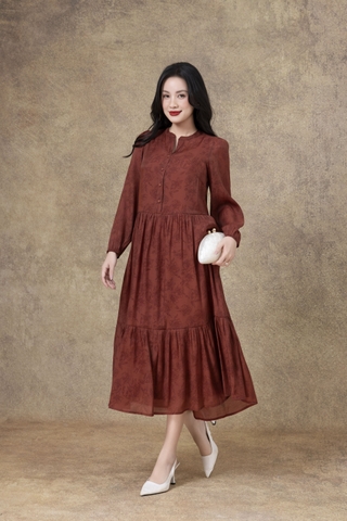 SWANLAKE | Váy Đầm Maxi Nữ Hai Lớp Rời Cổ Trụ Tay Dài Cài Nút Chất Tơ In Lót Lụa Hàn Đi Tiệc D12073LW10